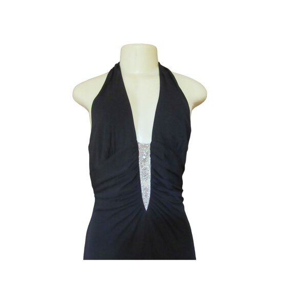 Badgley Mischka Black Rayon Halter Dress w Sheer Clevage & Rhinestones, Size 6 - Picture 3 of 9